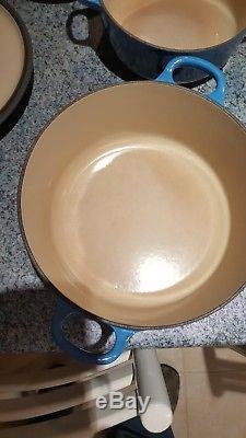 Le Crueset Pan Set, four blue pans with lids, see description