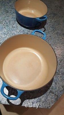Le Crueset Pan Set, four blue pans with lids, see description