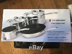 Le creuset 3-ply stainless steel 4 piece cookware set. Brand new in box