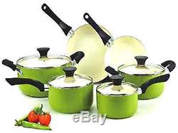 NEW Cookware Set Pots Pans Non-Stick Ceramic Coating 10pc Cooking Green HEALTHY