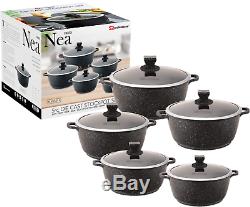 Nea 5pc Marble Coated Die cast Non stick Pot Pan Stockpot Set With Lids Black