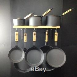 Netherton Foundry Shropshire Made spun iron pan set with oak pan storage rack