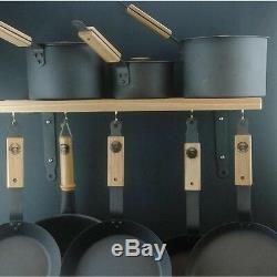 Netherton Foundry Shropshire Made spun iron pan set with oak pan storage rack