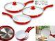 New 5 Piece Ceramic Coated Frying Pan Set Red White Non Stick Pyrex Glass LID