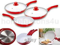 New 5 Piece Ceramic Coated Frying Pan Set Red White Non Stick Pyrex Glass LID