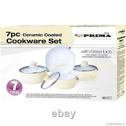 New 7pc Cream Cookware Set Saucepan Kitchen Non Stick Glass LID Ceramic Handle