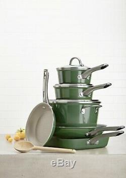New Green Cookware Set Porcelain Enamel Nonstick Frying Pan Saucepan Soup Pot