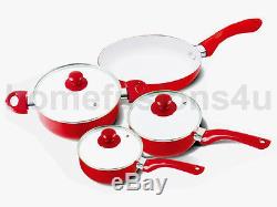 New Red 7pc Ceramic Saucepan Cookware Set Pot Glass LID Pan Frying Pan Non Stick