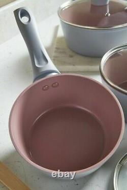 New Salter Ceramic 3Pc Pan SET Earth Rose Grey Non-stick Glass Lid 16, 18, 20cm