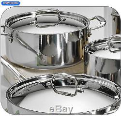 New Tramontina 12-Piece Tri-Ply Clad Stainless Steel Pots Pans Lids Cookware Set