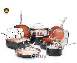 Non Stick 15 piece Copper Cookware Pots and Pans Set for Home Kitchen Cooking