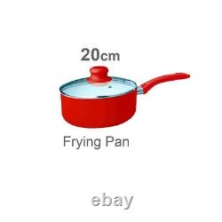 Non Stick 7pcs Ceramic Saucepan Pot Cookware Frying Pan Set Red With Glass Lid