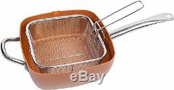 Non Stick Chip Pan Deep Fat Fryer Cooking Pot Frying Basket With Lid Set Copper