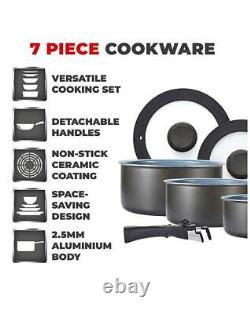 Non Stick Coat 7 pc Cookware Set Sauce Pan Glass Lids Click Handle Space-saving