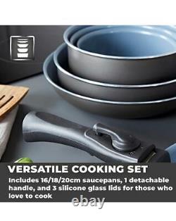 Non Stick Coat 7 pc Cookware Set Sauce Pan Glass Lids Click Handle Space-saving