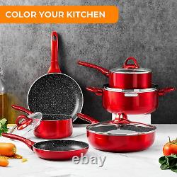 Non Stick Cookware Set Cooking Pots with Lids Kitchen Saucepan Frying Pan Red