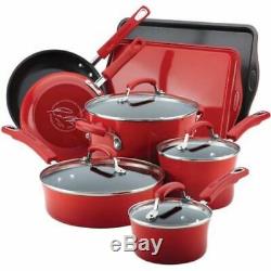 Nonstick Cookware Set Rachel Ray Pots Pans Kitchen Enamel Cooking Red 12 PC