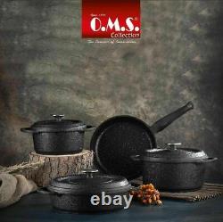 OMS 3050 Non Stick Cookware Set Glass Lid Casserole Frying Pan Pot Granite Black