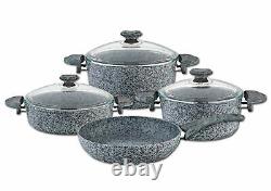 OMS 7 Piece Granite Die Cast Casserole Dish Frying Pan Set Non-Stick Grey 3105