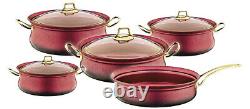 OMS 9 Piece Non Stick Granite Red Rose Gold Casserole Set With Glass Lids 3045