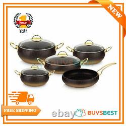OMS Cookware Non Stick Granite Copper Set, Glass Lids Casserole Pan Pot, 9 Piece