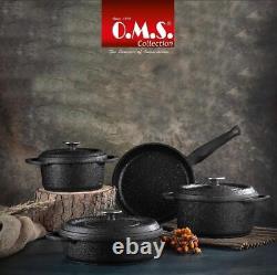 OMS Granite Black Non Stick Cookware Set Glass Lid Casserole Frying Pan Pot 3050