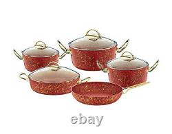OMS Granite Red Gold Cookware Glass Lids Non Stick Casserole Fry Pan Pot 3513