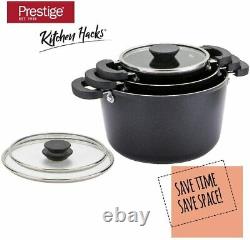 Prestige Kitchen Hacks. 3 Piece Aluminium Nesting Pan Set, Non Stick Sauce Pots