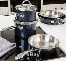 Prestige Optisteel 5 Piece Metallic Blue Non-Stick Saucepans, Frying Milk Pan Set