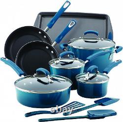 RACHAEL RAY Hard Enamel Cookware Set Nonstick kitchen Pot Pan Utensil Blue 14 PC