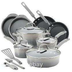 Rachael Ray 15-Piece Hard Enamel Nonstick Cookware Set Aluminum Gray New