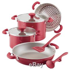 Rachel Ray Cookware Set 8 Red Aluminum Nonstick Pan Pot Steamer Glass Lid