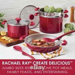 Rachel Ray Cookware Set 8 Red Aluminum Nonstick Pan Pot Steamer Glass Lid