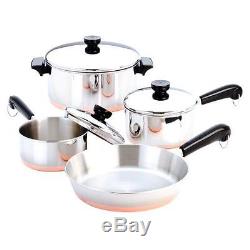 Revere Ware Cookware Set 7 PC Copper Bottom Stainless Steel Cooking Pot Pan Lids