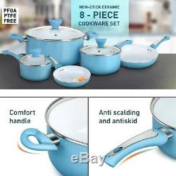 SHINEURI Light Blue 8 Pieces Nonstick Pots and Pans Set Ceramic Cookware