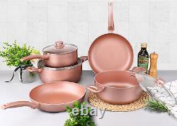 Saucepan Set Non Stick Induction Hob Rose Gold 7 Pieces Frying Pans Ceramic