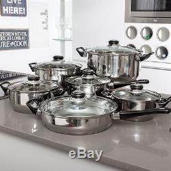 Stainless Steel Non-Stick Pans, Pots (12Pcs) Set Cookware Glass Lids Cooking Kit