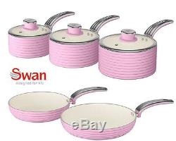 Swan Aluminium Pink Retro 5 Piece Pan Set Non-stick INDUCTION READY