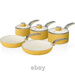 Swan Retro Yellow 5 Piece Pan Set Stylish Kitchen Cookware Set 2 Year Guarantee