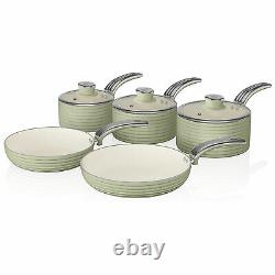 Swan Vintage Retro 5 Piece Induction Pan Set Kitchen Cookware, Green- SWPS5020GN