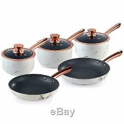 Tower Frying Pan and Saucepan Set, Rose Gold Marble Effect, Non-Stick Coating an