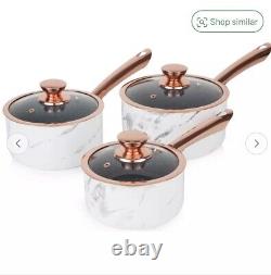 Tower Marble 3 Piece Saucepan Set Non Stick & White Marble Effect Rose Gold