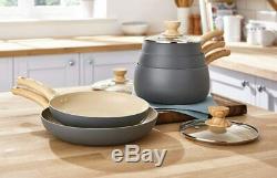 Tower Scandi Pots and Pans Set, Non Stick with Soft Touch Wood Effect Handles