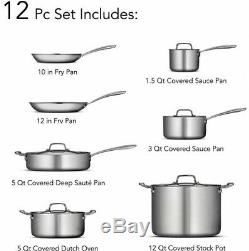 Tramontina 12-Piece Tri-Ply Clad Stainless Steel Pots Pans Lids Cookware Set New