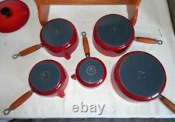 VINTAGE LE CREUSET CAST IRON 5x SAUCE PAN SET RED CHERRY WITH ORIGINAL STAND